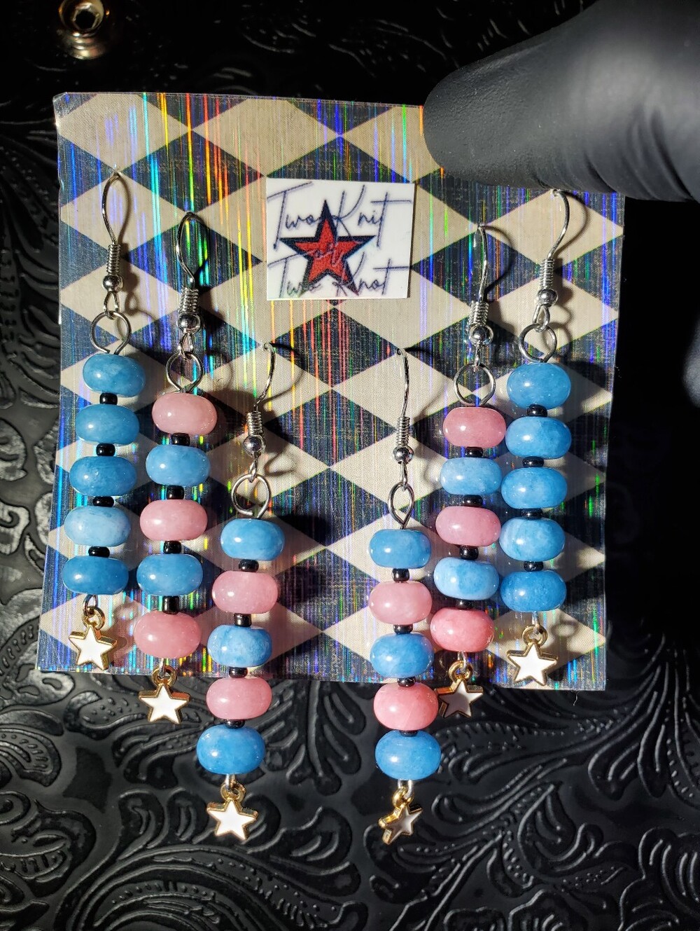 3 Pack - Blue and Pink Aventurine Stone Rondelle Dangle Earrings Gold White Star